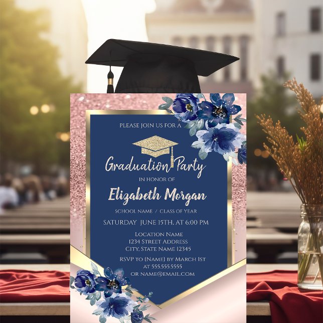 Blue Flowers Rose Gold Glitter Graduation Invitation (Creator Uploaded)