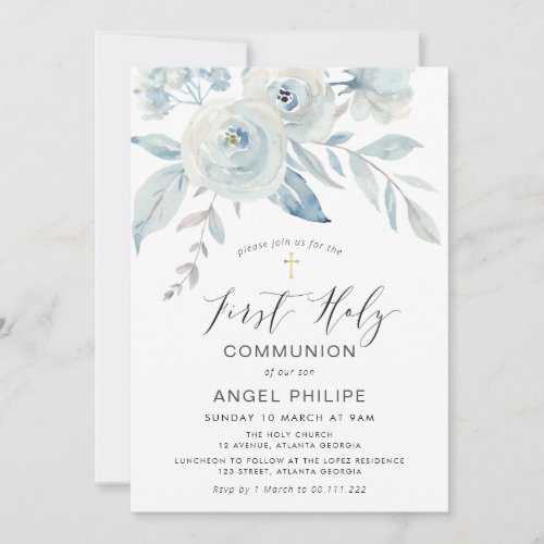 Blue flowers script first holy communion invitation