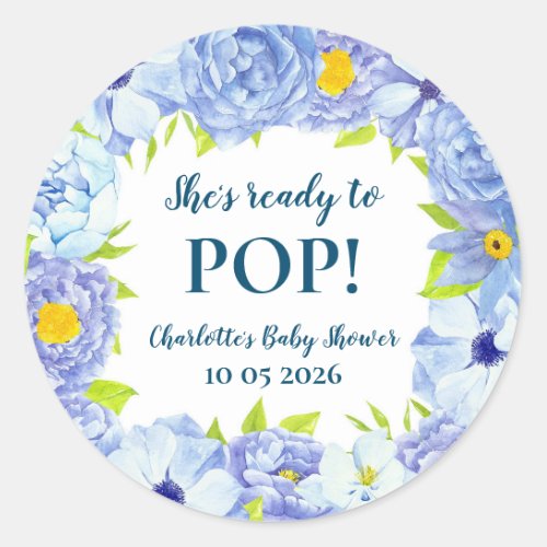 Blue Flowers Shes Ready to Pop Baby Shower Tag