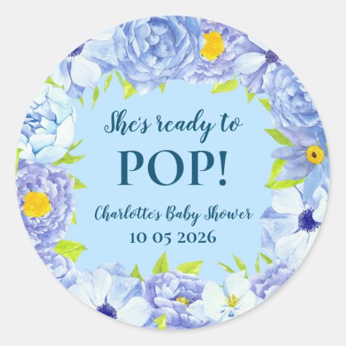 Blue Flowers Shes Ready to Pop Baby Shower Tag