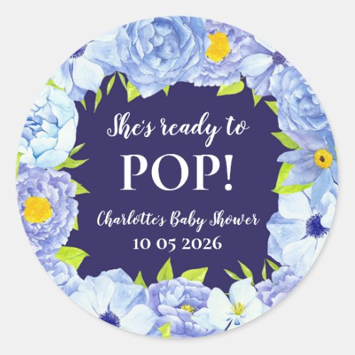 Blue Flowers Shes Ready to Pop Baby Shower Tag