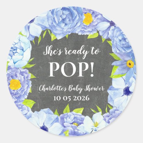 Blue Flowers Shes Ready to Pop Baby Shower Tag