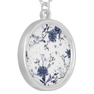 Blue flowers silver plated necklace
