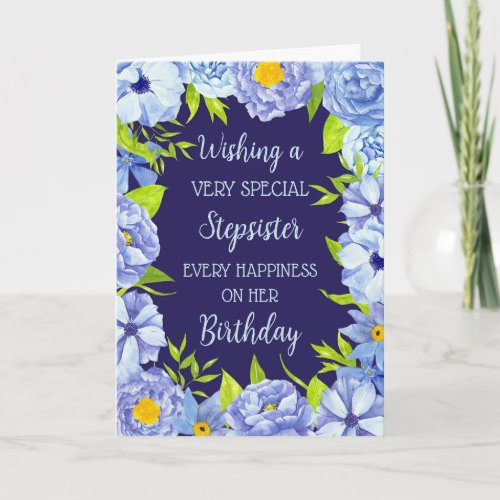 Blue Flowers Stepsister Birthday Card