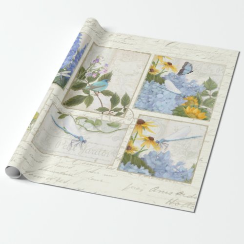 Blue Flowers Sunflowers Dragonfly Script Decoupage Wrapping Paper
