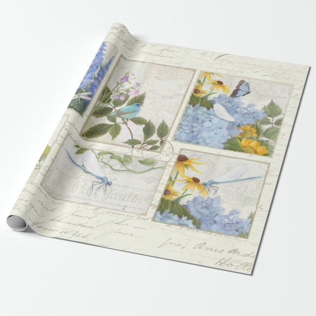 Blue Flowers Sunflowers Dragonfly Script Decoupage Wrapping Paper (Unrolled)
