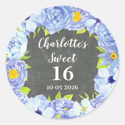 Blue Flowers Sweet 16 Birthday Favor Tag