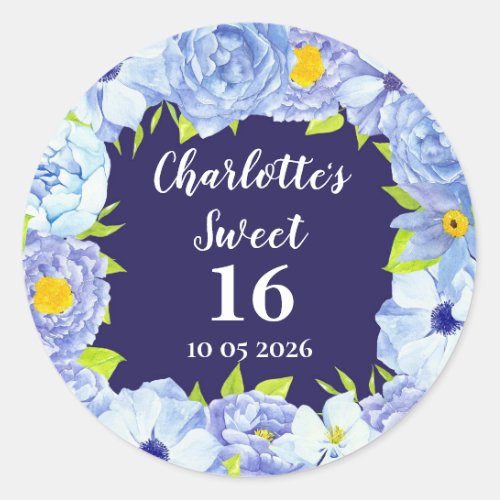 Blue Flowers Sweet 16 Birthday Favor Tag