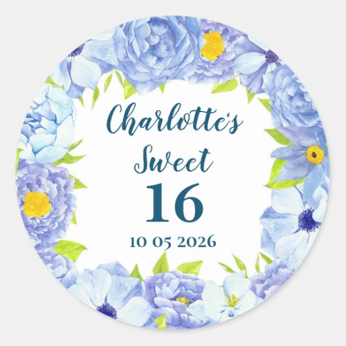 Blue Flowers Sweet 16 Birthday Favor Tag