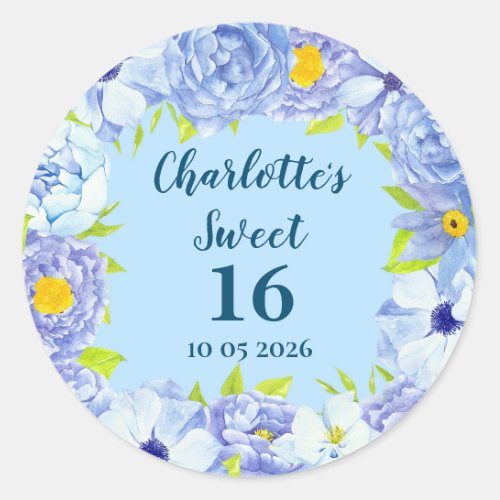 Blue Flowers Sweet 16 Birthday Favor Tag