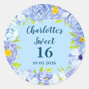 Blue Flowers Sweet 16 Birthday Favor Tag