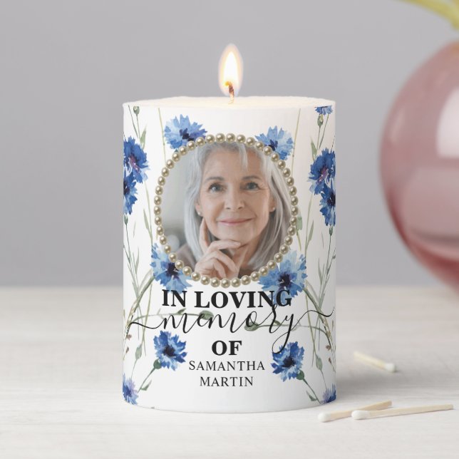 Blue Flowers Sympathy Remembrance Pillar Candle (In Situ)