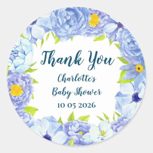 Blue Flowers Thank You Baby Shower Favor Tag