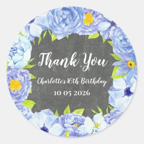 Blue Flowers Thank You Birthday Favor Tag