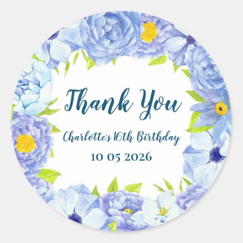 Blue Flowers Thank You Birthday Favor Tag