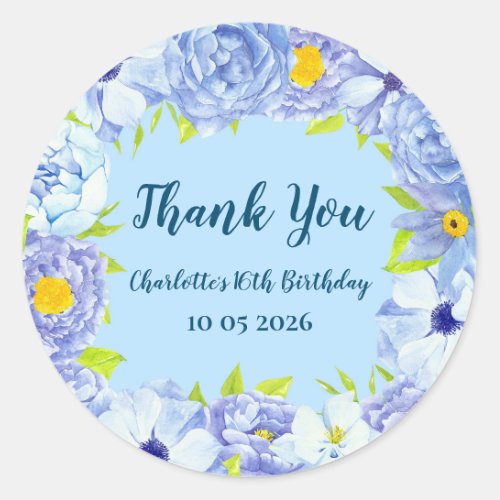 Blue Flowers Thank You Birthday Favor Tag