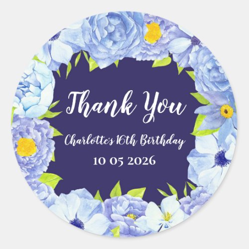 Blue Flowers Thank You Birthday Favor Tag