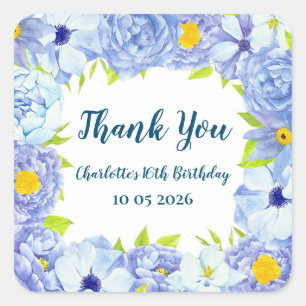 Blue Flowers Thank You Birthday Favor Tag