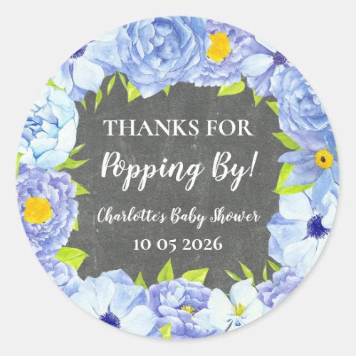 Blue Flowers Thanks for Popping By Baby Shower Tag