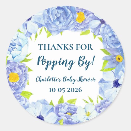 Blue Flowers Thanks for Popping By Baby Shower Tag