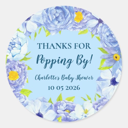 Blue Flowers Thanks for Popping By Baby Shower Tag