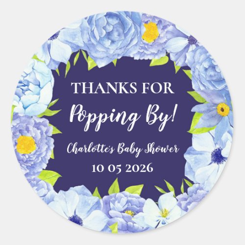 Blue Flowers Thanks for Popping By Baby Shower Tag