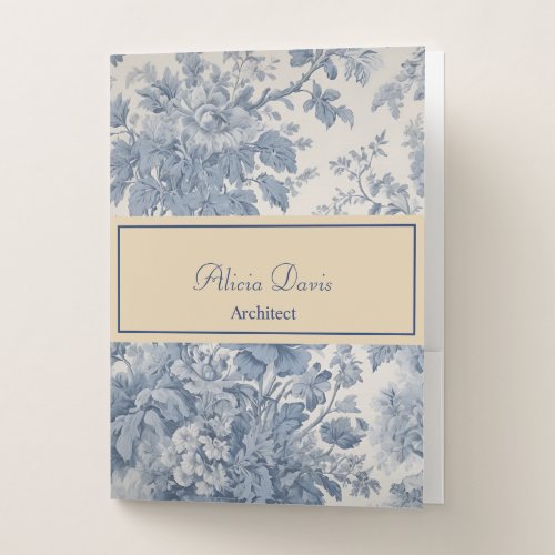 Blue Flowers Toile de Jouy your name  Pocket Folder