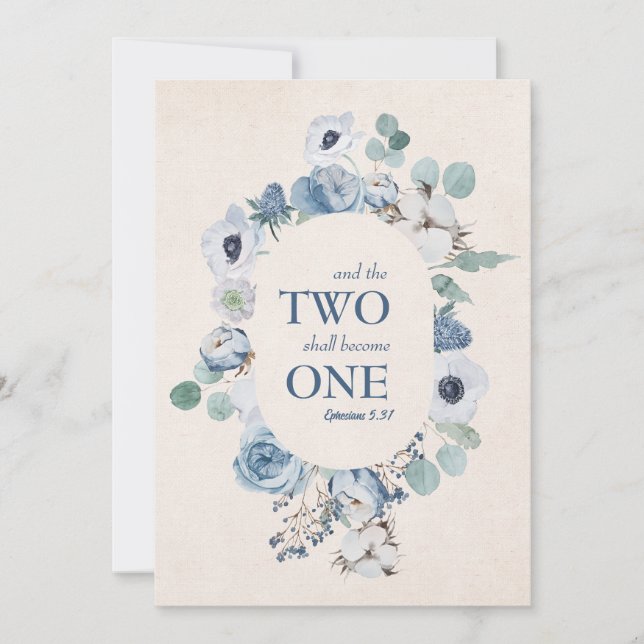 Blue Flowers Two Become One Wedding Invitation (Front)