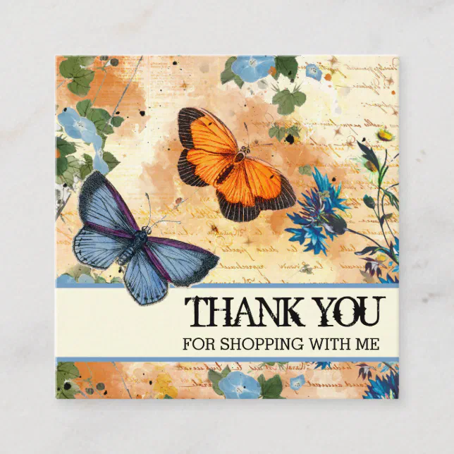 Blue Flowers Vintage Butterfly Thank You Logo Square Business Card | Zazzle