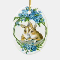 Blue Flowers Vintage Easter Rabbits Ceramic Ornament