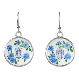 Blue Flowers   Virgin Mary   Dahlias Earrings