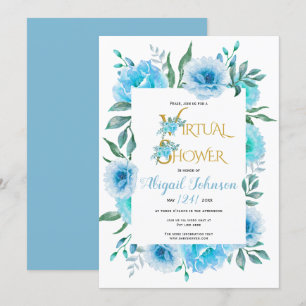 Blue flowers virtual baby or bridal shower invitation