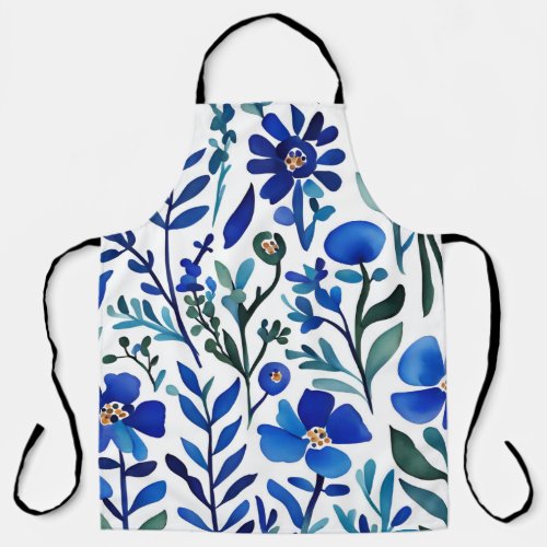 Blue Flowers Watercolor Art Pattern  Apron
