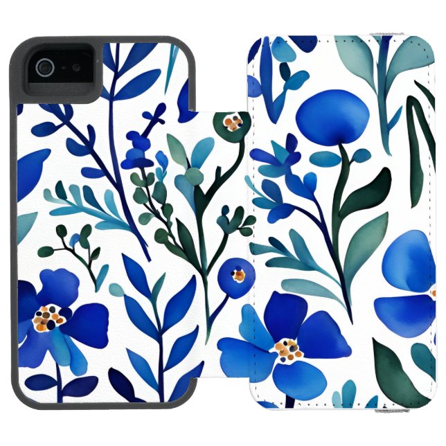 Blue Flowers Watercolor Art Pattern  Incipio iPhone Wallet Case (Folio Open)