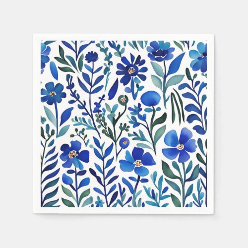 Blue Flowers Watercolor Art Pattern  Napkins