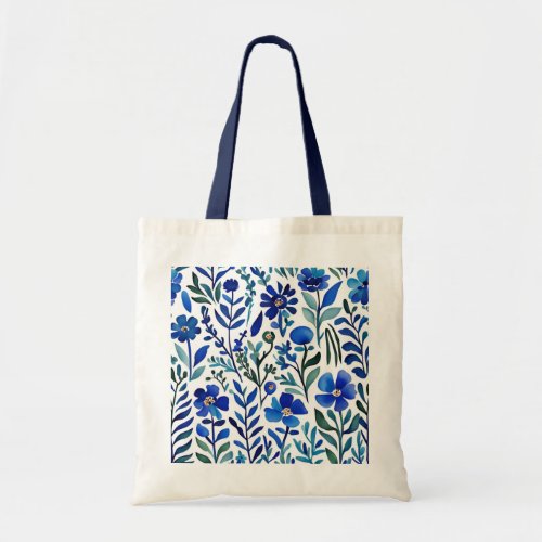 Blue Flowers Watercolor Art Pattern  Tote Bag