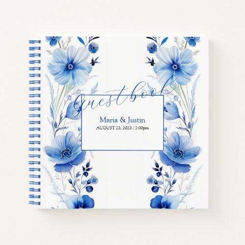 Blue Flowers Watercolor Bouquet Guestbook Notebook