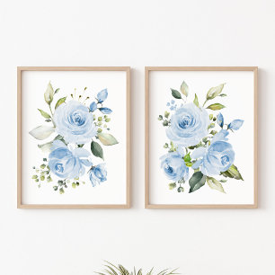 Blue Flowers, Watercolor Flowers, Boy Nursery Wall Art Sets