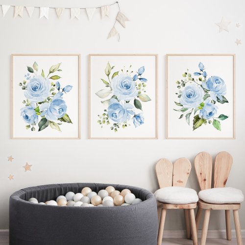 Blue Flowers Watercolor Flowers Boy Nursery Wall Art Sets