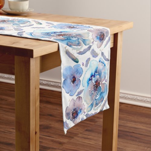 Blue Flowers Watercolor Long Table Runner - Watercolor blue flowers table runner