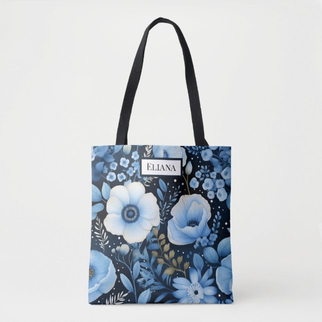 Blue Flowers Watercolor with your name |  Tote Bag (Front)