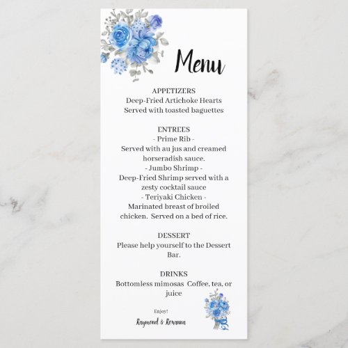 Blue Flowers Wedding Bridal Shower Menu