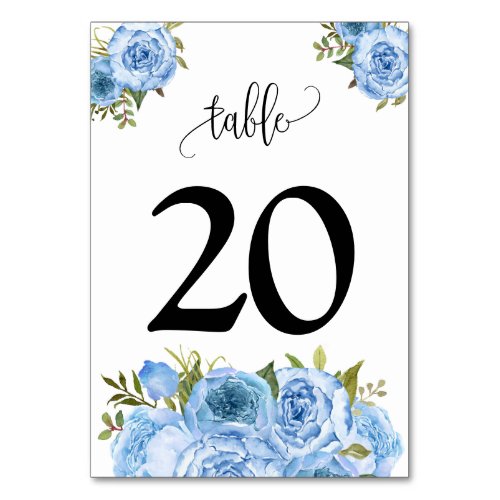 Blue Flowers Wedding Table Number