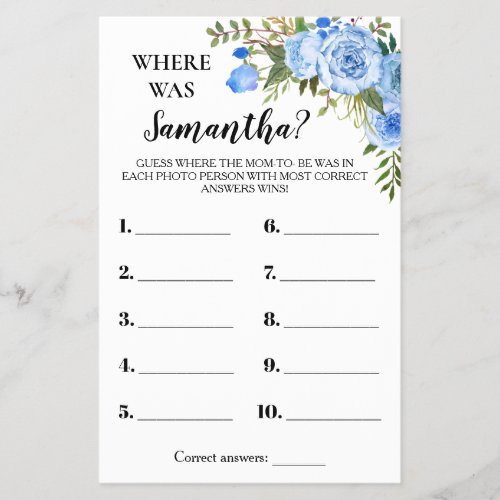 Blue Flowers Where was Mom Baby Shower Game Card Flyer