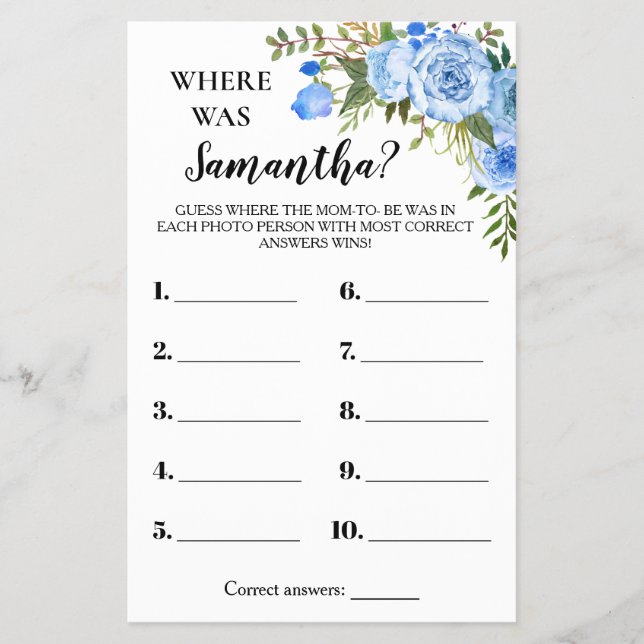 Blue Flowers Where was Mom Baby Shower Game Card Flyer (Front)