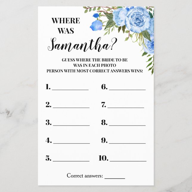 Blue Flowers Where was She Bridal Shower Game card Flyer (Front)
