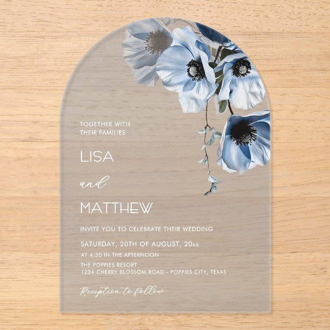 Blue Flowers White Clear Casual Wedding Acrylic Invitations (Front)