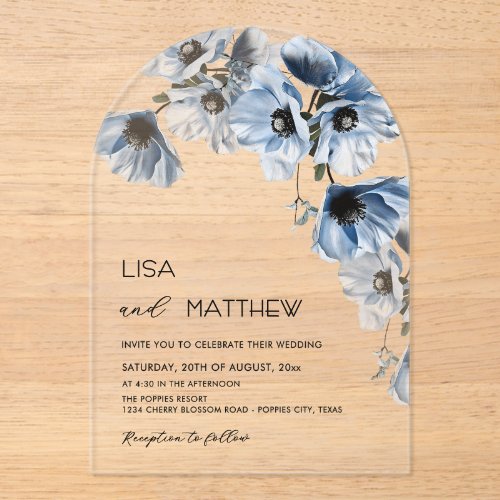 Blue Flowers White Clear Casual Wedding Acrylic Invitations