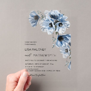 Blue Flowers White Clear Wedding Invitation