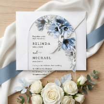 Blue Flowers White Clear Wedding Invitation